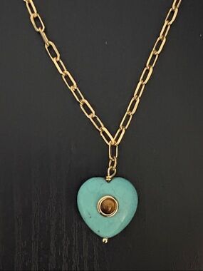 Paperclip Necklace with Turquoise and Tiger Eye Stone Heart Pendant